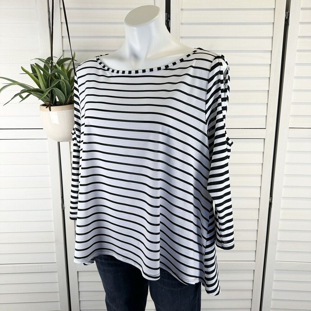 IC by Connie K Black White Stripe Cold Shoulder Blouse Top Lagenlook Size L